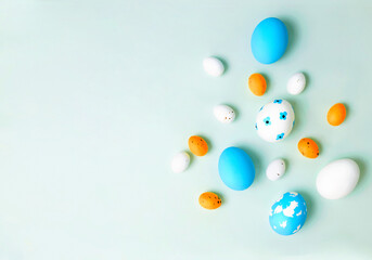 Wall Mural - painted easter eggs on table on stock photo.
