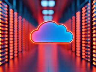glowing neon cloud symbol in futuristic data center corridor representing secure cloud networking cy