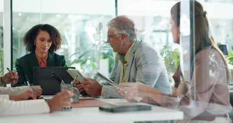 Aufkleber - Business people, meeting and conversation with group, feedback and planning for project. Employees, coworking and tech in office, discussion and proposal with documents, review profit and cooperation