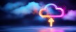 © Leo Rohmann - Neon lit futuristic cloud computing concept with glowing upload and download icons symbolizing high tech AI powered data synchronization and cutting edge digital storage technology