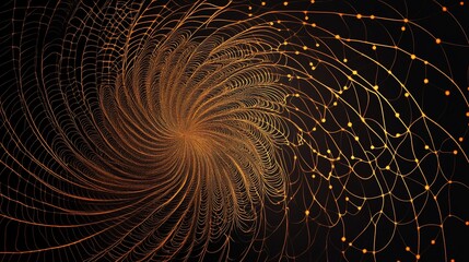 Abstract swirling network design with golden lines and dots.