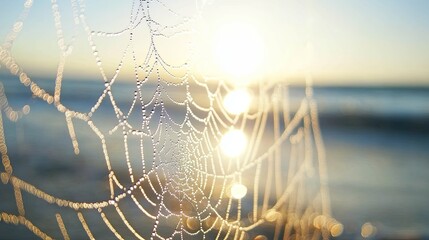 A close-up of dew-covered spiderwebs glistening in the morning light digital