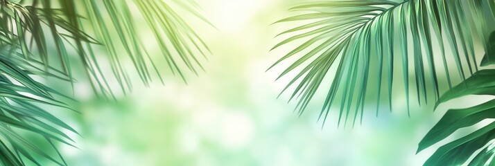 Aufkleber - Explore the vibrant tropical foliage with blurred palm leaves creating a fresh and adventurous atmosphere in a serene green and teal backdrop