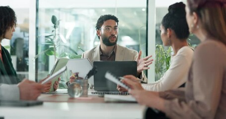 Poster - Business people, meeting and communication with woman, feedback and planning for project. Employees, coworking and group in office, review progress and proposal for client, sales increase and talking
