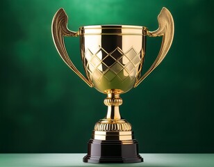 golden champion trophy cup on dark green background