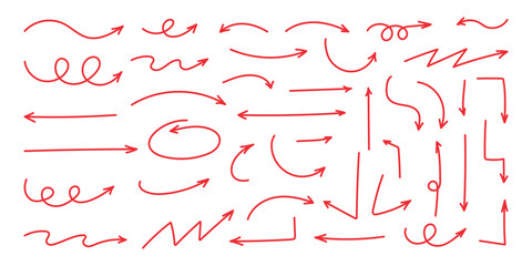 Squiggly red arrow set. Chalk elements in flat style. Doodle movement spiral arrows, scribble, lines. Hand drawn pencil brush for icon, children sketch. Vector illustration on white background.
