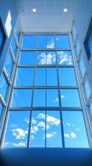 Fototapete - Expansive windows showcase a stunning view of a vibrant blue sky filled with fluffy white clouds, creating a peaceful and serene atmosphere during a sunny afternoon in a contemporary space