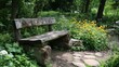 © Guruji - Rustic Wooden Bench in a Vibrant Garden
