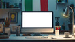 © chekart - The workplace of an Italian. There is a computer monitor on the desk, and the Italian flag is hanging from the back. Monitor mockup. The table is littered with books, a keyboard, a mouse, a cup