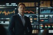 © Vitalii Shkurko - A male financial advisor stands confidently in a sleek office filled with financial dashboards, showcasing market trends and analytics. He wears a dark suit and exudes professionalism