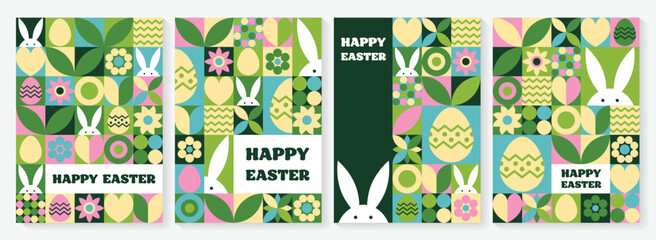 Wall Mural - easter bunny, egg and flower background. collection of geometric greeting cards with cartoon element