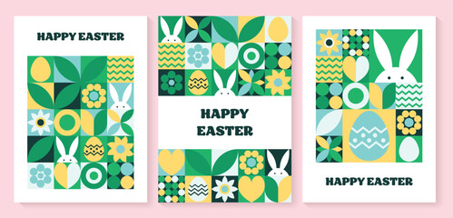 Wall Mural - easter bunny, egg and flower background. collection of geometric greeting cards with cartoon element