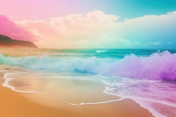 Wall Mural - Multicolor gradient waves crashing onto a serene beach