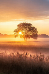 Wall Mural - Majestic sunrise behind a solitary tree in a misty meadow, creating a serene and ethereal landscape with warm golden hues.