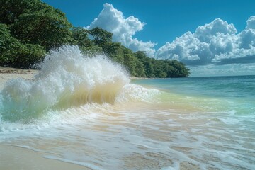 Wall Mural - Multicolor gradient waves crashing onto a serene beach