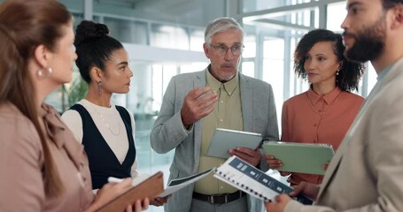 Poster - Mentor, meeting and planning with business people in office for coaching, idea and advisor. Teamwork, training and tablet with employees in agency for collaboration, project management and proposal