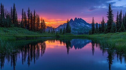 Wall Mural - Radiant gradient sunset reflected on a peaceful lake