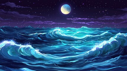 Wall Mural - Serene gradient sea with luminous waves under the moon