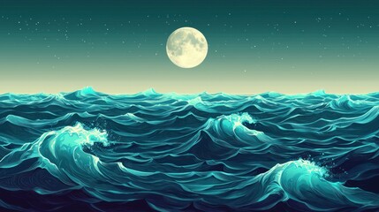 Wall Mural - Serene gradient sea with luminous waves under the moon