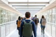 © AucArtStudio - Higher education and collaboration degree concept. Young man walking in a modern corridor with peers, showcasing a casual atmosphere.