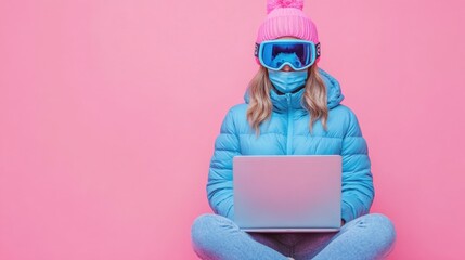 Wall Mural - a woman sits on the floor with her laptop, likely working or studying