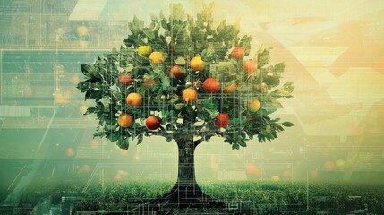 A digital representation of a fruit tree, adorned with colorful fruits, set against a tech-inspired background of grids and patterns.