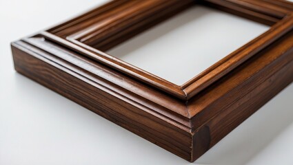 Poster - Classic wooden picture frame in rich brown tones positioned at an angle on a clean white background highlighting intricate details and texture.
