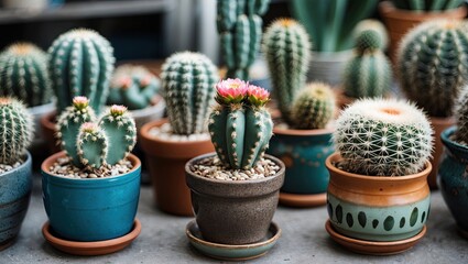 Aufkleber - Assorted cacti in various ceramic pots with varying textures and colors green and terracotta arranged on a bright tabletop background.