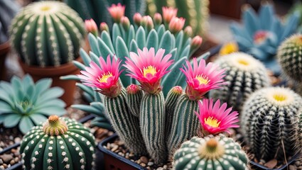 Aufkleber - Vibrant flowering cacti and succulents with pink blooms amidst green spiky plants in pots arranged harmoniously in a bright indoor setting.