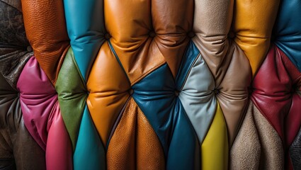 Poster - Colorful tufted leather upholstery pattern featuring vibrant orange, teal, green, and brown hues arranged in a visually appealing backdrop.