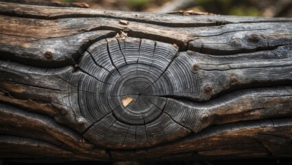 Poster - Detailed close-up of a rugged wooden log showcasing deep cracks and natural patterns in earthy brown and gray tones with a vivid center knot.