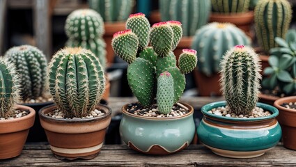 Aufkleber - Colorful cacti in small ceramic pots with green and pink highlights arranged on a wooden surface showcasing their unique shapes and textures.
