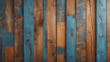 Poster - Colorful wooden planks of varying shades of brown and turquoise arranged in a rustic vertical pattern, ideal for vintage wallpaper designs