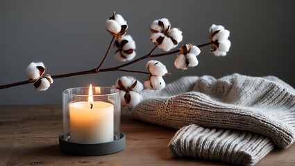 Leinwandbilder - Cozy table arrangement featuring a lit candle in a glass holder, a cotton branch on the left, and a soft gray sweater on the wooden surface.