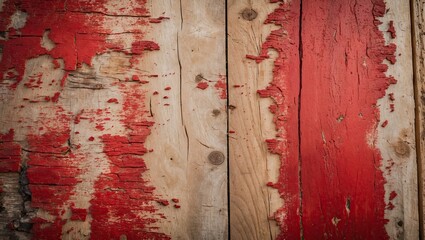 Poster - Rough texture of bleached wood paneling with vibrant red stains creating a grunge vignette effect, ideal for vintage design backgrounds.