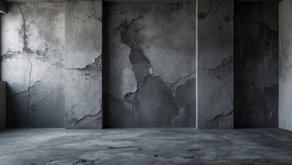 Aufkleber - Abstract dark gray cement wall interior with textured backdrop, featuring three distinct sections creating a spacious studio atmosphere.