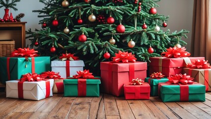 Aufkleber - Vibrant arrangement of red and green gift boxes with large bows on a wooden floor in front of a decorated Christmas tree with ornaments.
