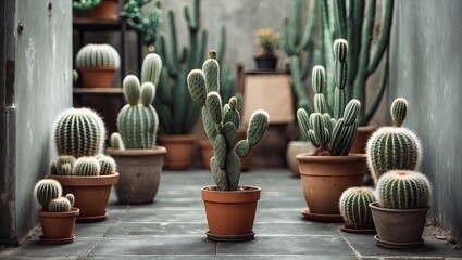 Aufkleber - Cactus arrangement in clay pots against a textured wall with green foliage in a well-lit indoor garden setting showcasing various shapes and sizes.