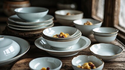 Aufkleber - Elegant assortment of white porcelain dishes and bowls arranged on a rustic wooden table with natural light enhancing their delicate features.