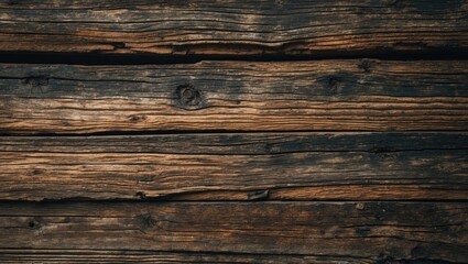 Poster - Textured grunge background of aged dark brown wood planks with visible knots and grooves creating a rustic vintage appearance.