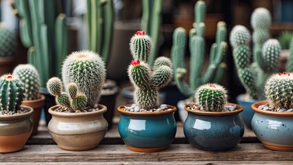 Poster - Colorful cacti arranged in small ceramic pots with red accents on a wooden surface, showcasing various shapes and textures in natural light.