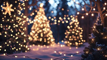 Poster - Warm golden Christmas lights create a magical bokeh effect in a snowy forest, with soft glowing trees providing a festive backdrop.