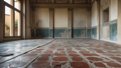 Aufkleber - Abandoned interior view showcasing distressed wall with green paint and patterned red tile floor, natural light streaming through large windows.