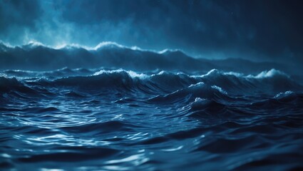 Poster - Stormy ocean waves in deep blue tones with dramatic lighting and high contrast, showcasing dynamic movement and a moody atmosphere.