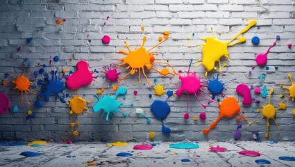 Aufkleber - Colorful paint splatters in vibrant pink, orange, and blue against a textured white brick wall, featuring abundant negative space for design elements.