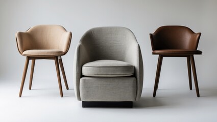Poster - Modern chair trio featuring a gray upholstered chair flanked by a tan and a brown chair on a minimalistic white background highlighting design elegance.