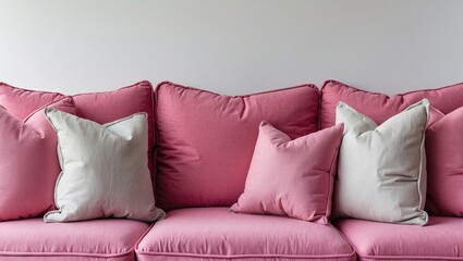 Aufkleber - Close-up of a pink sofa with white and pink pillows centered against a plain white background for modern interior decor inspiration.