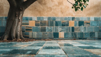 Poster - Closeup of textured blue and green floor tiles against a weathered wall with a tree trunk and foliage in the upper left corner of the frame.