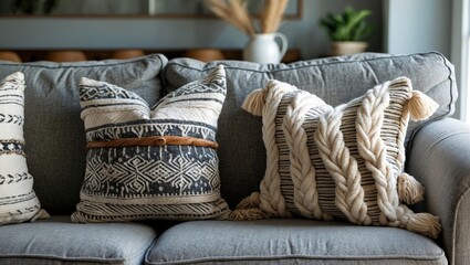 Poster - Stylish decorative pillows on a light grey sofa in a modern living room with neutral tones and subtle textures creating a cozy atmosphere