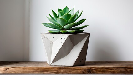 Aufkleber - Geometric concrete planter featuring a vibrant green succulent on a wooden shelf, set against a clean white background for a modern aesthetic.